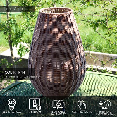 Lucide COLIN IP44 - Lámpara de mesa Recargable Dentro/Fuera - Batería/acumulador - LED 3 StepDim - 1x3W 3000K - IP44 - Natural